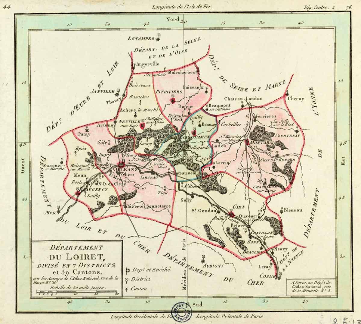 Carte ancienne du Loiret divisé en 7 districts